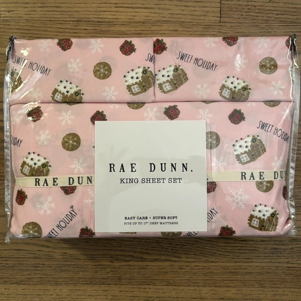 Rae Dunn Sweet Holiday King Sheet Set Pink Gingerbread‎ Christmas Bedding NEW